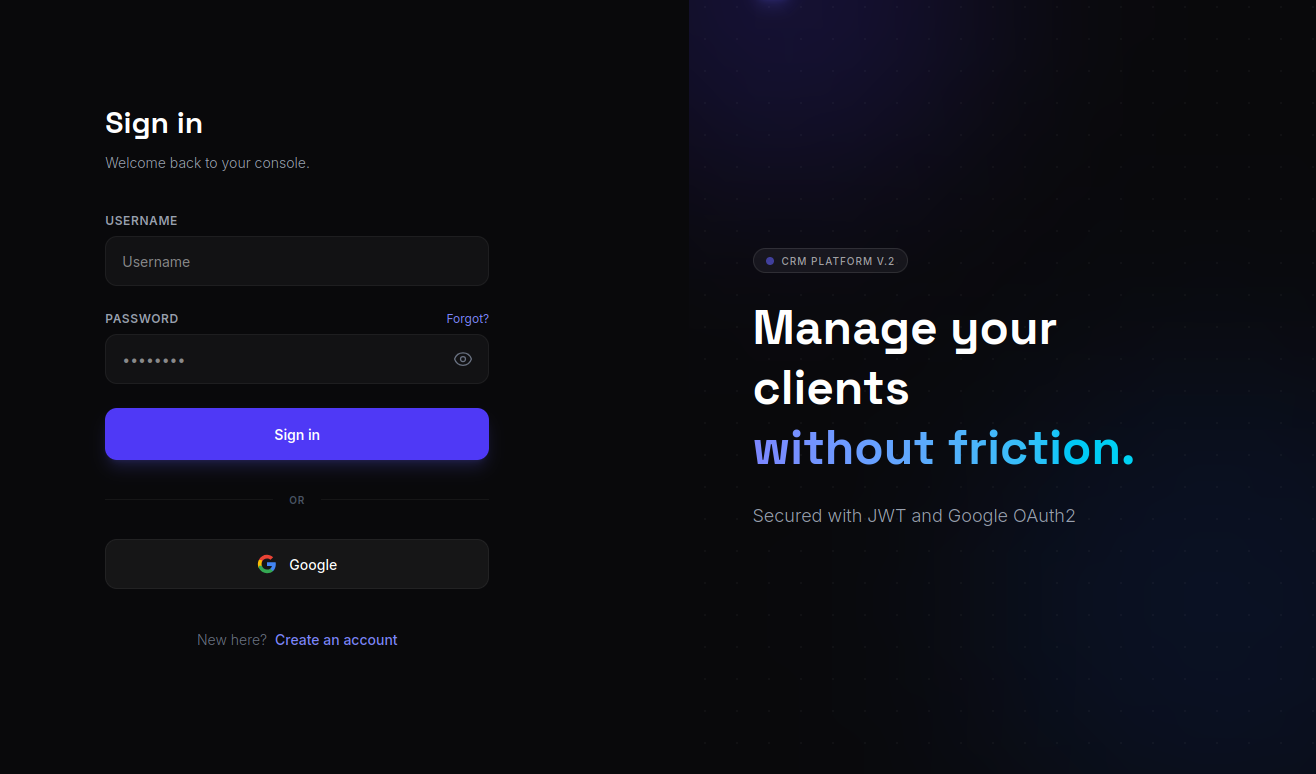 CRM Client & Espace Compte Sécurisé — desktop